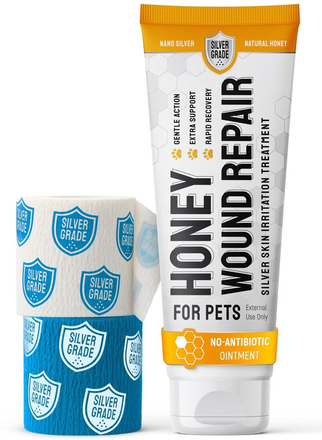 SILVER GRADE Best Hot Spot Treatment for Dogs & Horses - Dog Wound Care with Silver for Scratches, Sores, Rashes, Irritations - Honey Wound Repair Ointment in Gel Form for Horses & Cats + 2 Bandages - 2 Oz - Image 1
