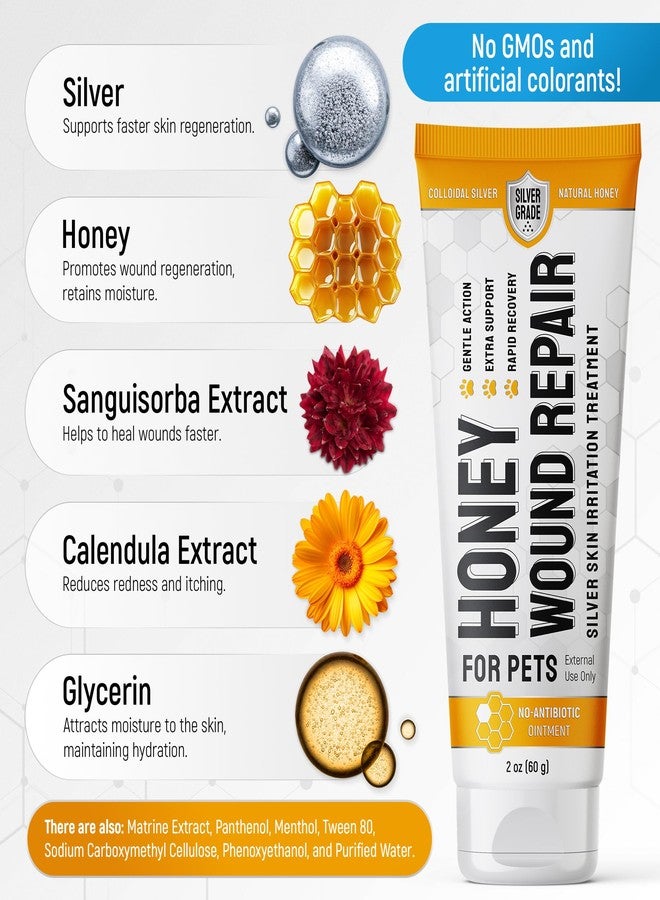 SILVER GRADE Best Hot Spot Treatment for Dogs & Horses - Dog Wound Care with Silver for Scratches, Sores, Rashes, Irritations - Honey Wound Repair Ointment in Gel Form for Horses & Cats + 2 Bandages - 2 Oz - Image 4