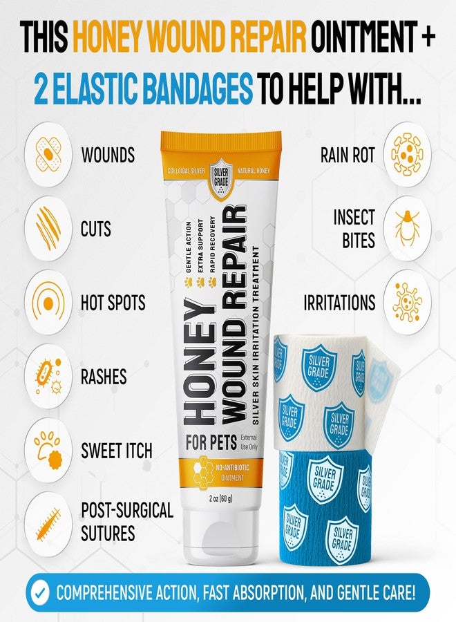 SILVER GRADE Best Hot Spot Treatment for Dogs & Horses - Dog Wound Care with Silver for Scratches, Sores, Rashes, Irritations - Honey Wound Repair Ointment in Gel Form for Horses & Cats + 2 Bandages - 2 Oz - Image 2