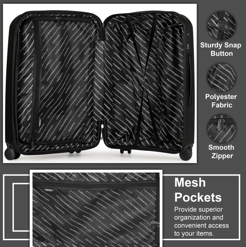 Cabinpro black unisex expandable medium checked pp fashion trolley lightweight hard shell spinner luggage with 360° degree 4 twin wheel and double zippers cp003-black  | Best Price UAE