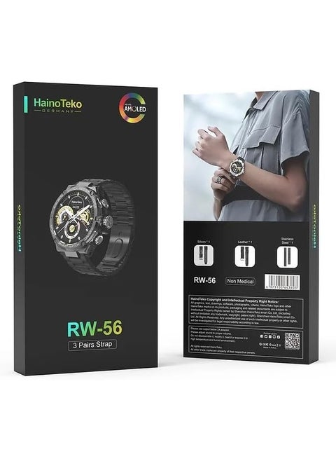 Haino Teko RW 56 Round Screen Super Size AMOLED Display Smart Watch With 3 Pair Straps and Wireless Charger - Black