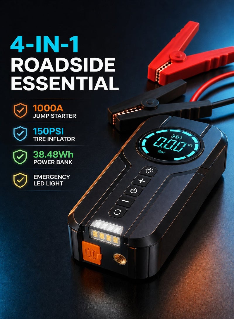 EzzySo Jump Starter with Air Compressor 1000A 12V 150PSI 38.48Wh Car Battery Jump Starter 6.0L Gas and 3.0L Diesel Smart Jumper with Display and Emergency Light - Image 2