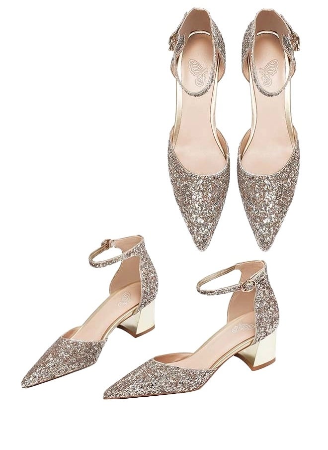 RIOXS - Shiny Rhinestone Chunky Heel Shoes with Adjustable Ankle Straps, Pointed Closed-toe Chunky Low Heel Pumps, Classic Mary Jane Court Shoes with Elegant Lines and Slim Feet, Suitable for Wedding Party or Dating - Image 1