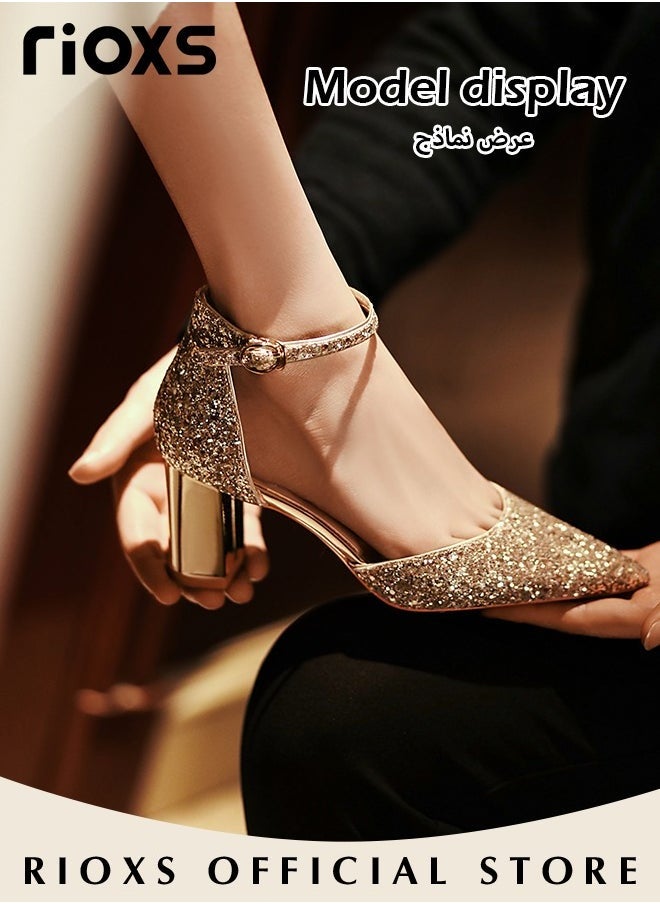 RIOXS - Shiny Rhinestone Chunky Heel Shoes with Adjustable Ankle Straps, Pointed Closed-toe Chunky Low Heel Pumps, Classic Mary Jane Court Shoes with Elegant Lines and Slim Feet, Suitable for Wedding Party or Dating - Image 1