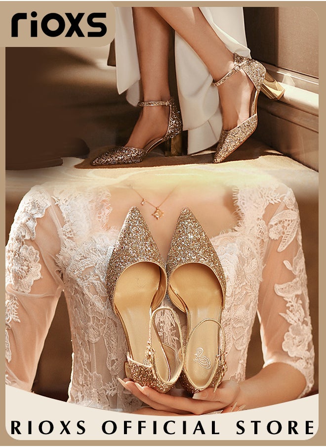 RIOXS - Shiny Rhinestone Chunky Heel Shoes with Adjustable Ankle Straps, Pointed Closed-toe Chunky Low Heel Pumps, Classic Mary Jane Court Shoes with Elegant Lines and Slim Feet, Suitable for Wedding Party or Dating - Image 1
