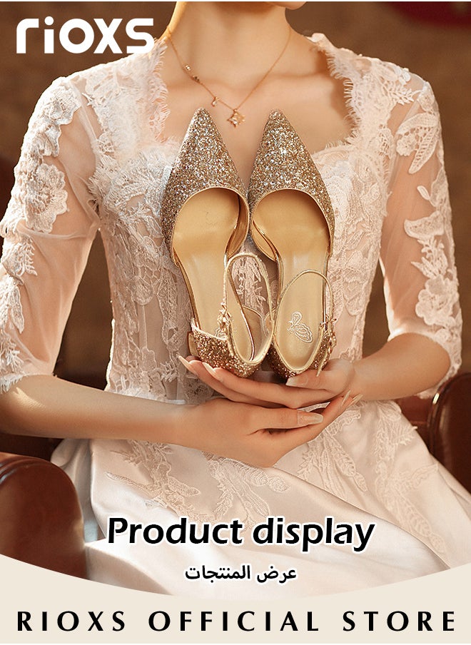RIOXS - Shiny Rhinestone Chunky Heel Shoes with Adjustable Ankle Straps, Pointed Closed-toe Chunky Low Heel Pumps, Classic Mary Jane Court Shoes with Elegant Lines and Slim Feet, Suitable for Wedding Party or Dating - Image 1