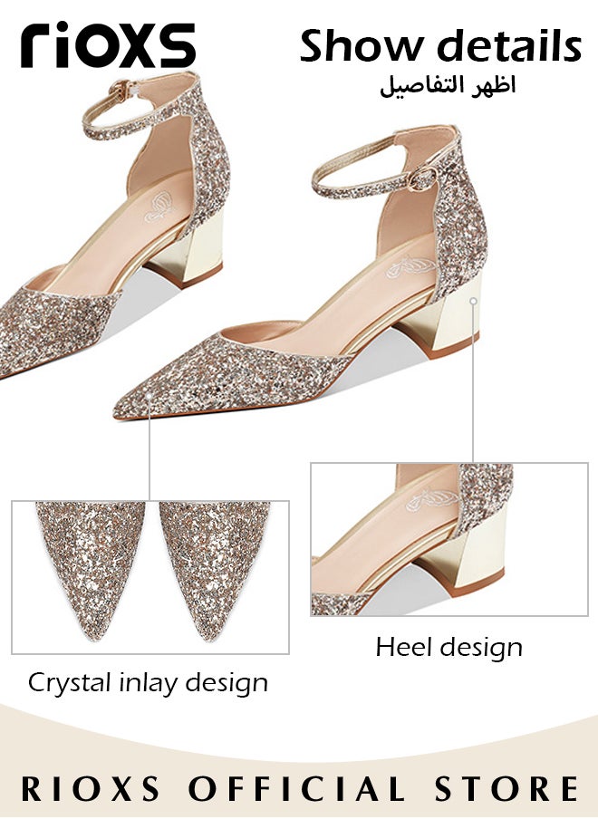 RIOXS - Shiny Rhinestone Chunky Heel Shoes with Adjustable Ankle Straps, Pointed Closed-toe Chunky Low Heel Pumps, Classic Mary Jane Court Shoes with Elegant Lines and Slim Feet, Suitable for Wedding Party or Dating - Image 1