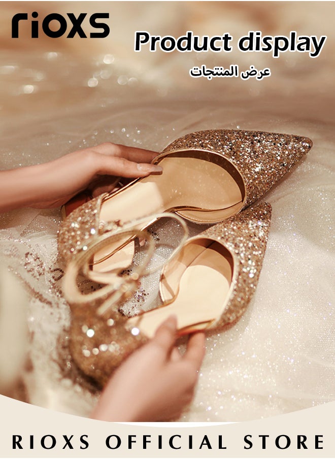 RIOXS - Shiny Rhinestone Chunky Heel Shoes with Adjustable Ankle Straps, Pointed Closed-toe Chunky Low Heel Pumps, Classic Mary Jane Court Shoes with Elegant Lines and Slim Feet, Suitable for Wedding Party or Dating - Image 1