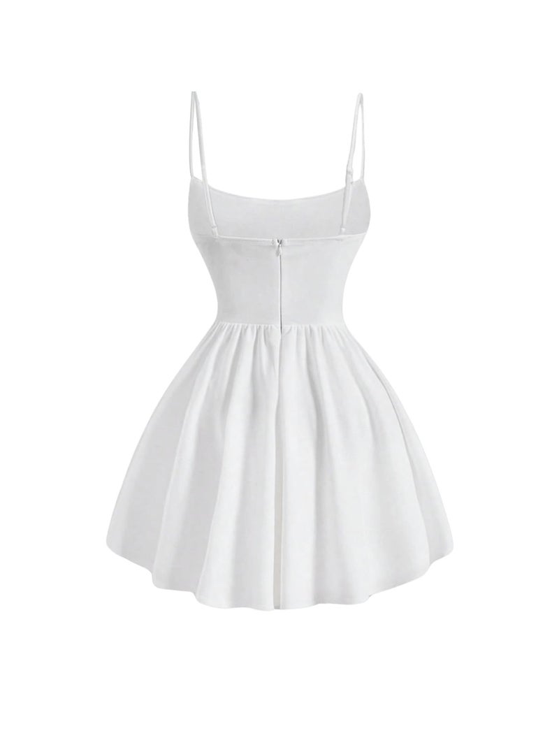 SHENHE Women's Ruched Corset Dress Spaghetti Strap Fit and Flare Flowy Skater Mini Cami Dress White Large - Image 2