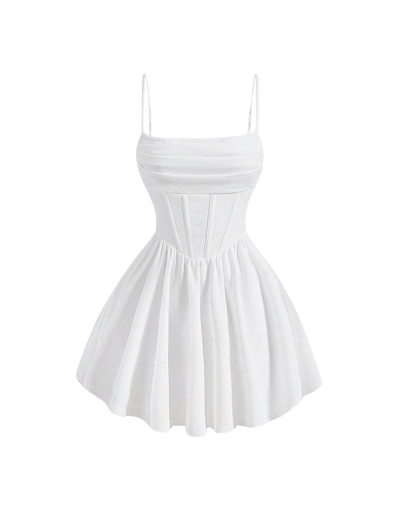 SHENHE Women's Ruched Corset Dress Spaghetti Strap Fit and Flare Flowy Skater Mini Cami Dress White Large - Image 1