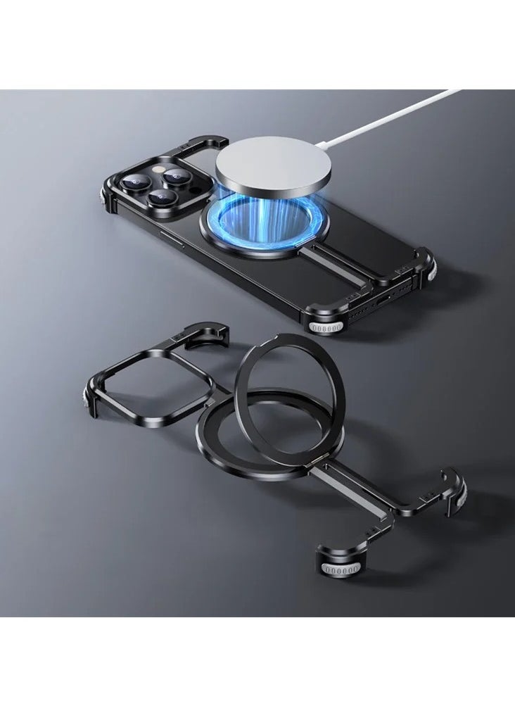 CATANES - iPhone 15 Pro Max Case Cover Lightweight Metal Shock Bar Magsafe Case Finger Ring Holder Shockproof Phone Cover Bumper Magnetic Wireless Charging Mobile Phone Kickstand Protective Case Black - Image 1