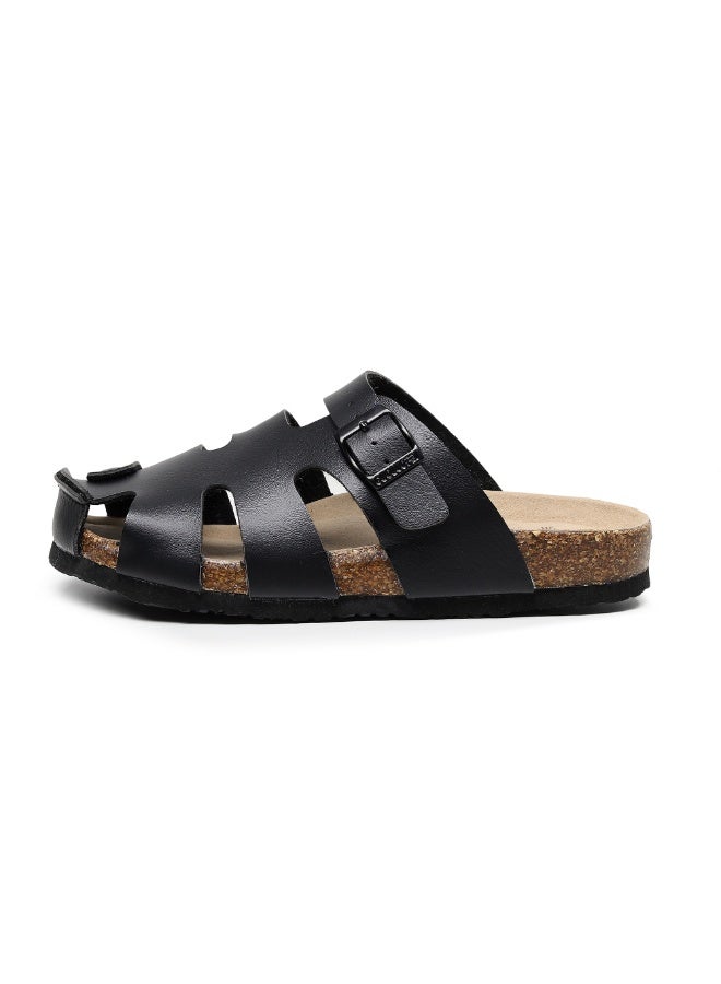 GUOLUOFEI Men's PU Leather Half Slippers, Oversized Cork Sole, Thick Sole Clogs Mule Slippers - Image 2