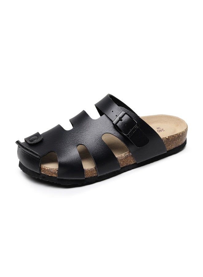GUOLUOFEI Men's PU Leather Half Slippers, Oversized Cork Sole, Thick Sole Clogs Mule Slippers - Image 1