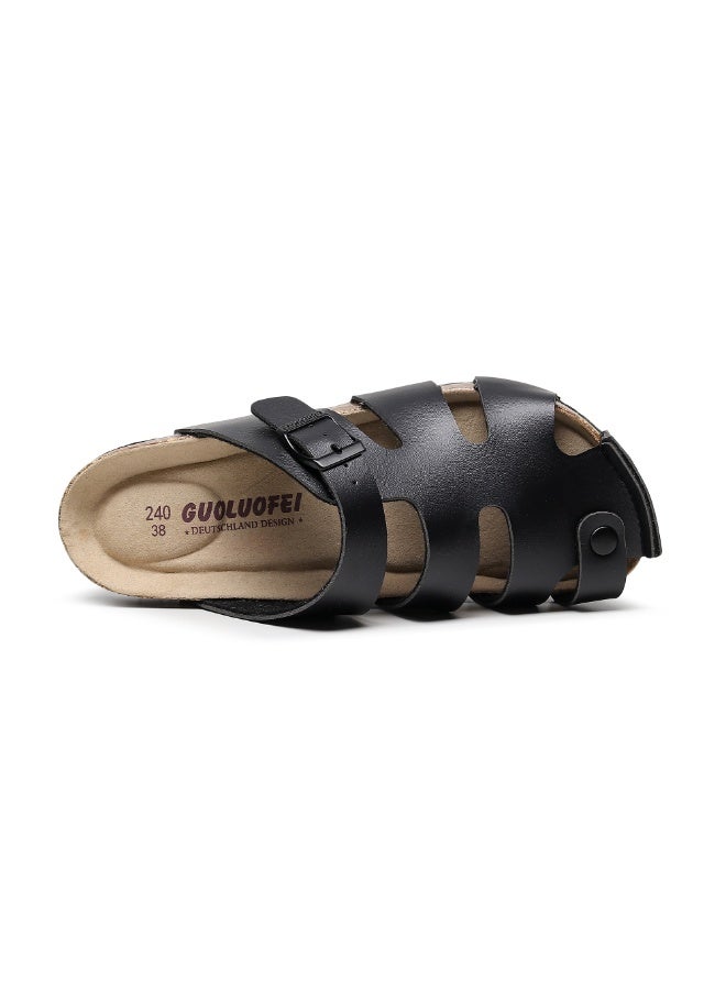 GUOLUOFEI Men's PU Leather Half Slippers, Oversized Cork Sole, Thick Sole Clogs Mule Slippers - Image 5