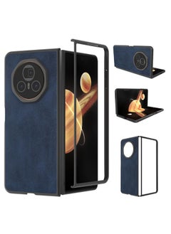 For Honor Magic V3 Black Frame Two-color Calf Texture PU Phone Case(Blue)