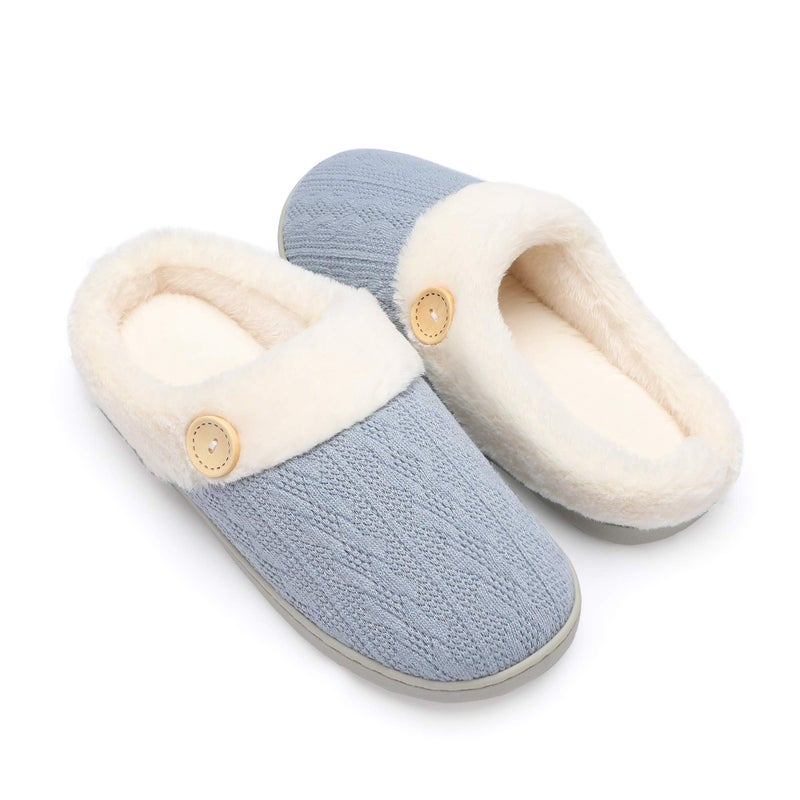 Chantomoo Womens Slipper Warm Comfy Memory Foam House Slippers Knitted Shoes Faux Fur Lined Anti-Skid Rubber Sole Bedroom Cozy Indoor Outdoor Slippers Light Blue Size7 8 6.5 - Image 1