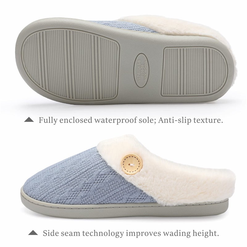 Chantomoo Womens Slipper Warm Comfy Memory Foam House Slippers Knitted Shoes Faux Fur Lined Anti-Skid Rubber Sole Bedroom Cozy Indoor Outdoor Slippers Light Blue Size7 8 6.5 - Image 2