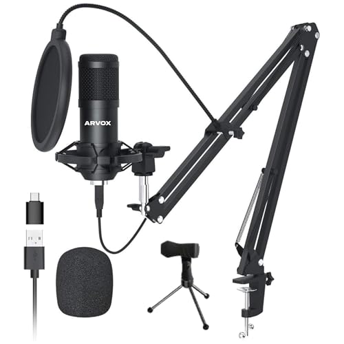 ARVOX AX-M5 USB Condenser Microphone Kit, 192kHz/24bit, 20-20KHz, 16mm Diaphragm, with Boom Arm, Pop Filter, Shock Mount, Tripod, 2.5M Cable, for Podcasting, Gaming, Singing - Image 1