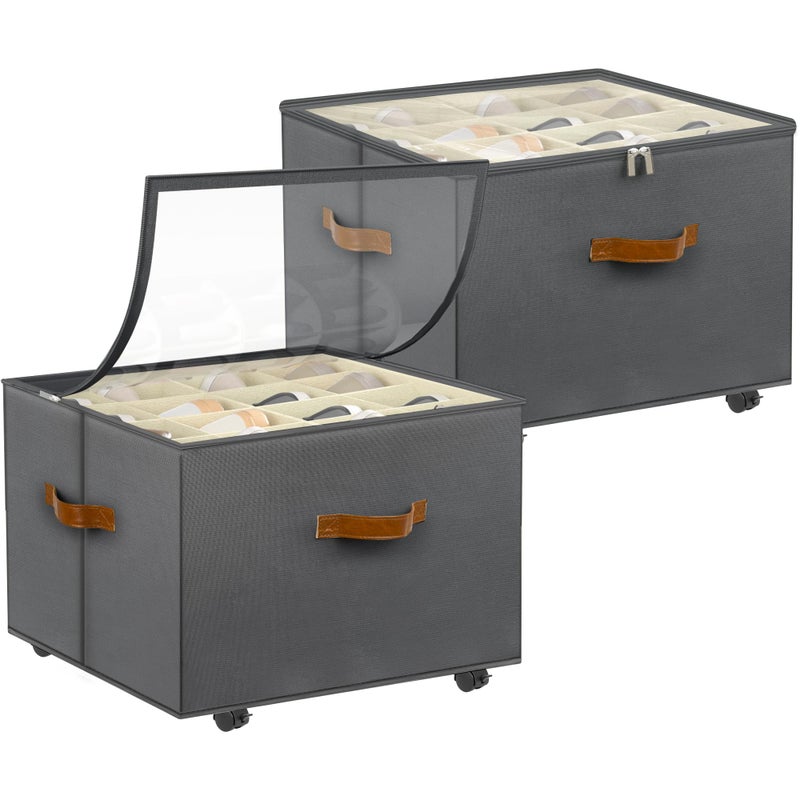 Foyego Shoe Organizer for Closet, 2 Pack Shoe Storage Organizer with Wheels and Adjustable Dividers, Stackable Shoe Storage Box with Clear Cover, Closet Shoe Organizer Fits up to 16-32 Pairs, Gray - Image 1