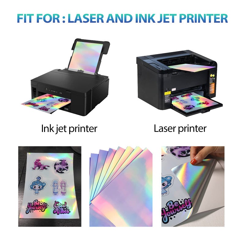 UOKHO Holographic Sticker Paper for Inkjet & Laser Printer, 20 Sheets Printable Vinyl Holographic Sticker Paper Waterproof Self-Adhesive, 8.5 X 11 Inches - Rainbow - Image 5