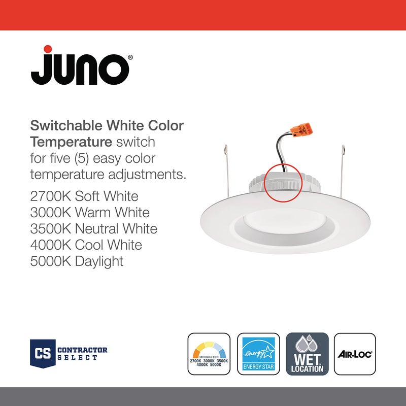 Juno 4 Inch LED Recessed Lighting, RetroBasics Series LED Downlight Trim Kit, Regressed 4" Ceiling Light with 5-in-1 Switchable White Color, 625 Lumens, Baffle Trim, Matte White (6-Pack) - Image 3