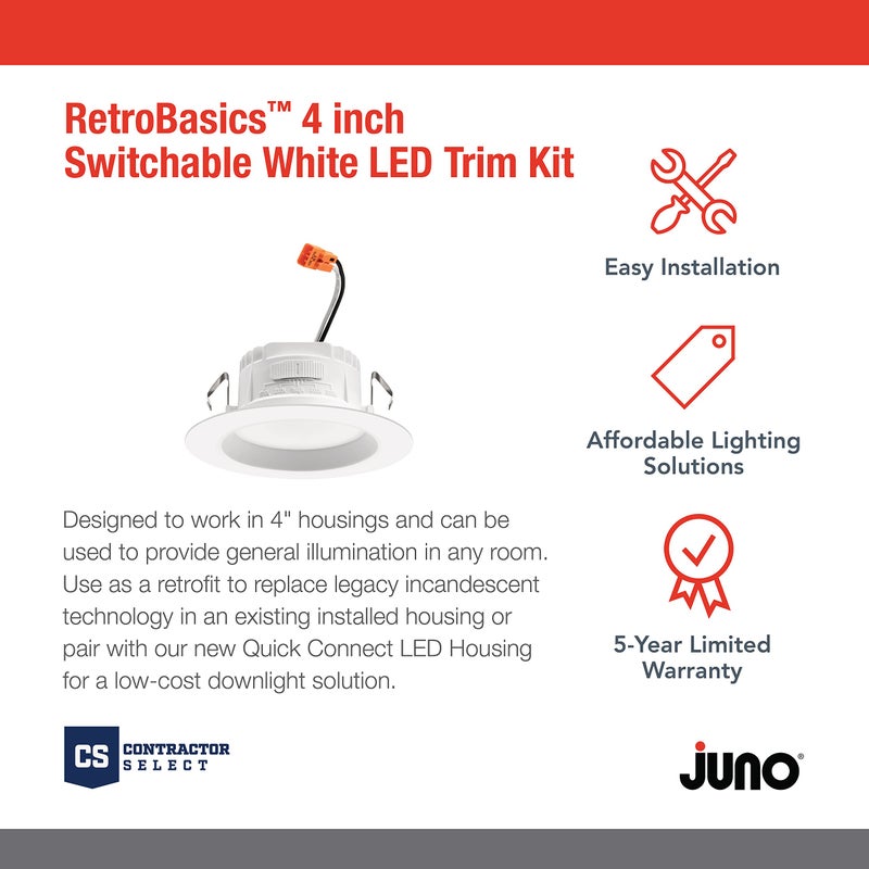 Juno 4 Inch LED Recessed Lighting, RetroBasics Series LED Downlight Trim Kit, Regressed 4" Ceiling Light with 5-in-1 Switchable White Color, 625 Lumens, Baffle Trim, Matte White (6-Pack) - Image 2