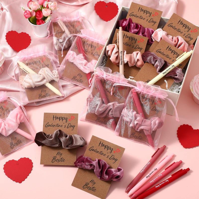 Affrolling 12 Set Galentine's Day Gift for Women Girls Includes Ballpoint Pen Hair Scrunchies Happy Galentines Card and Organza Bags Valentines Gifts Velvet Soft Hair Ties Thick Elastic Bands - Image 4
