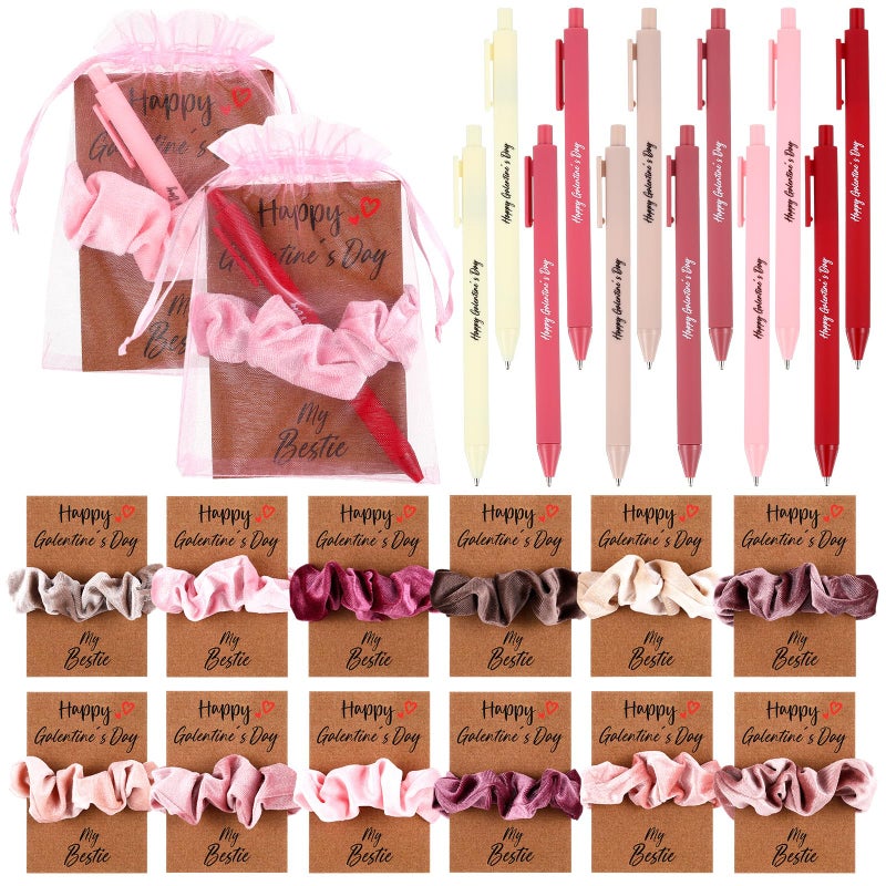 Affrolling 12 Set Galentine's Day Gift for Women Girls Includes Ballpoint Pen Hair Scrunchies Happy Galentines Card and Organza Bags Valentines Gifts Velvet Soft Hair Ties Thick Elastic Bands - Image 1