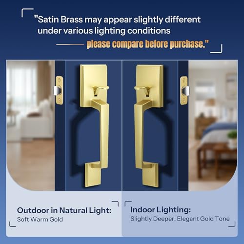 Gaurqiah Gold Front Door Handle Set with Passage Lever Deadbolt Not Included Exterior Lower Half Grip Trim Works with Single Cylinder or Smart Deadbolts Satin Brass - Image 3