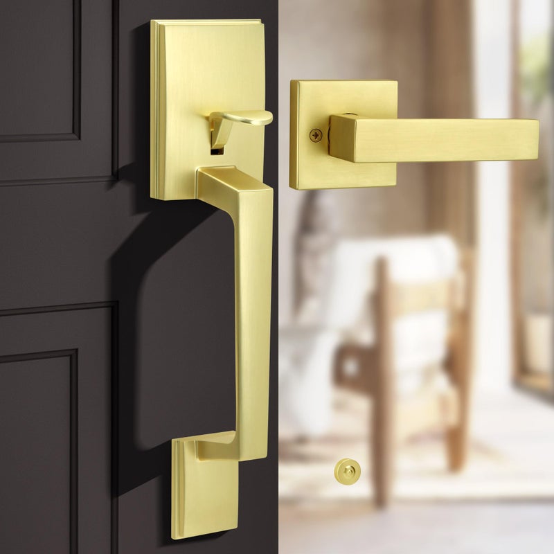 Gaurqiah Gold Front Door Handle Set with Passage Lever Deadbolt Not Included Exterior Lower Half Grip Trim Works with Single Cylinder or Smart Deadbolts Satin Brass - Image 2