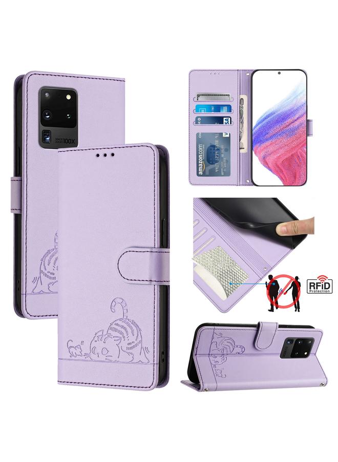 S-TOP Case For Samsung Galaxy S20 Ultra Cat Rat Embossed Pattern RFID PU Phone Case with Wrist Strap - Image 1