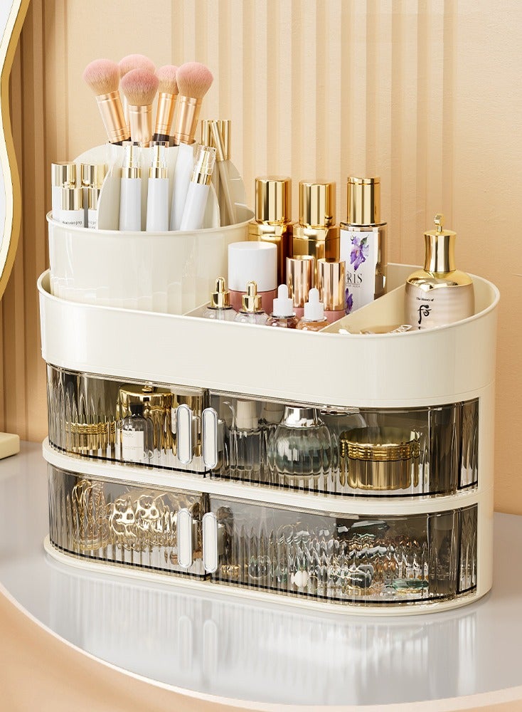 XiuWoo 3-tier Makeup Storage with Drawers and Brush Holder - Lipstick Organizer for Bathroom Countertop Large Capacity Cosmetic Display Case Fits Vanity Dresser Bedroom - Image 1