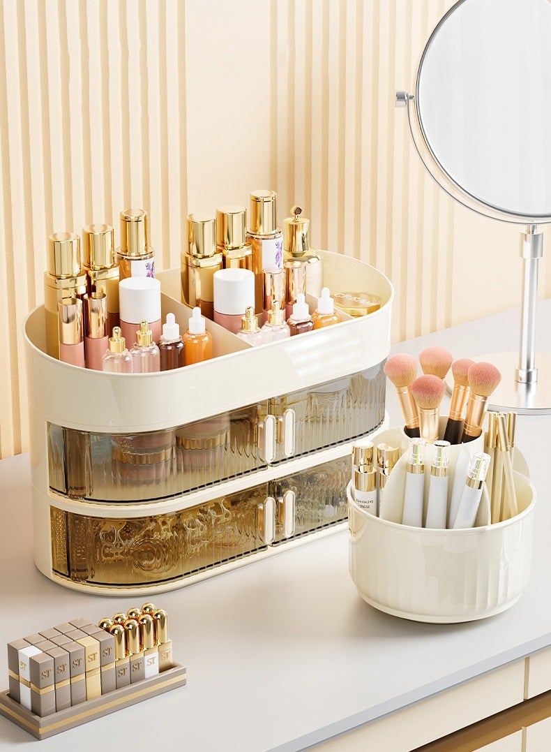 XiuWoo 3-tier Makeup Storage with Drawers and Brush Holder - Lipstick Organizer for Bathroom Countertop Large Capacity Cosmetic Display Case Fits Vanity Dresser Bedroom - Image 4