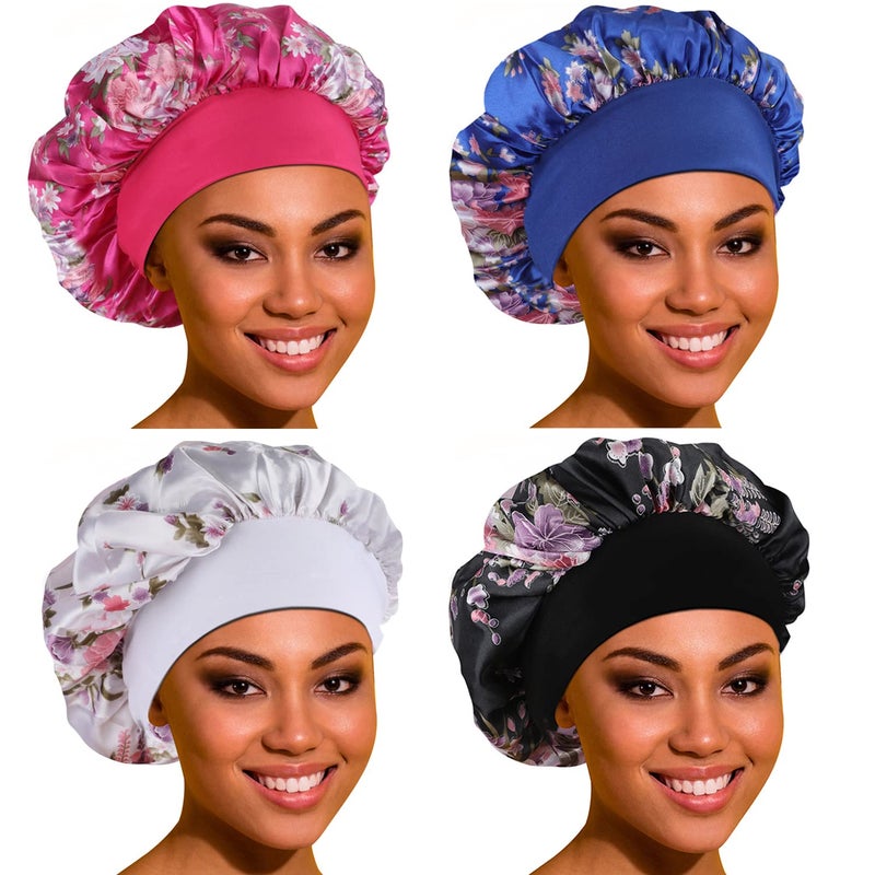 ROYBENS Satin Bonnet Hair Bonnet for Sleeping- 4 Pack Large Bonnets for Women with Elastic Soft Band for Curly Hair Braids - Image 1