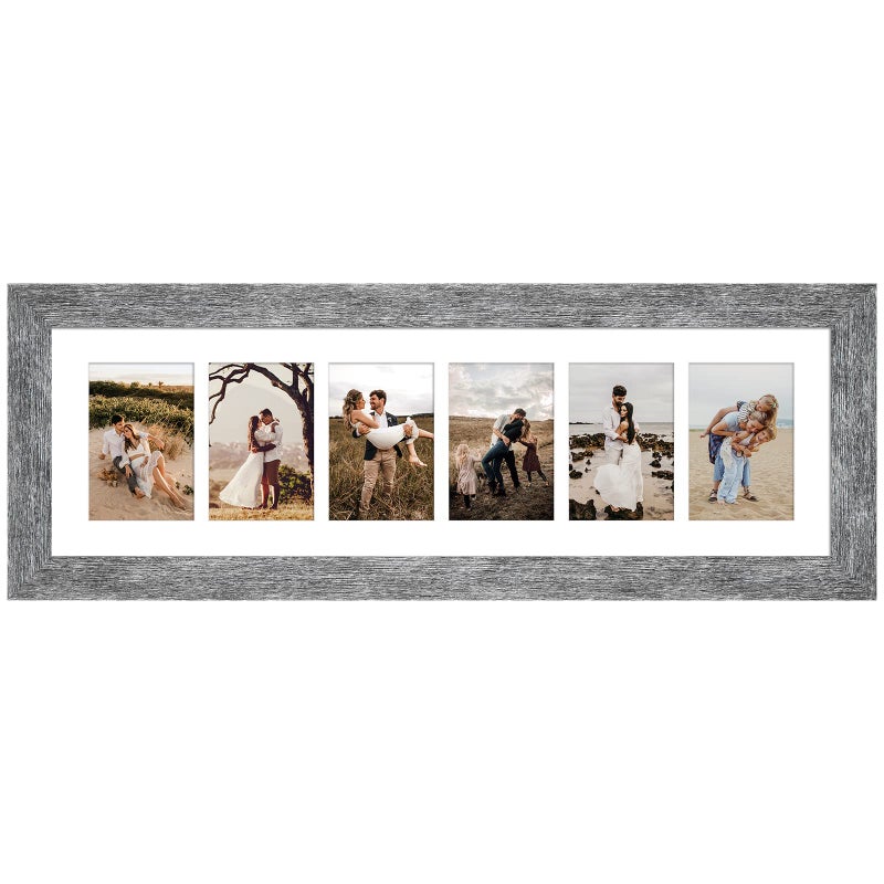 إطار صور Gaevuian 8x26 عرض 6 فتحات إطار صور 4X6 مجموعة متعددة من الصور مع مات بلاستيك زجاجي ديكور جداري أو طاولة رمادي خشب حبيبي