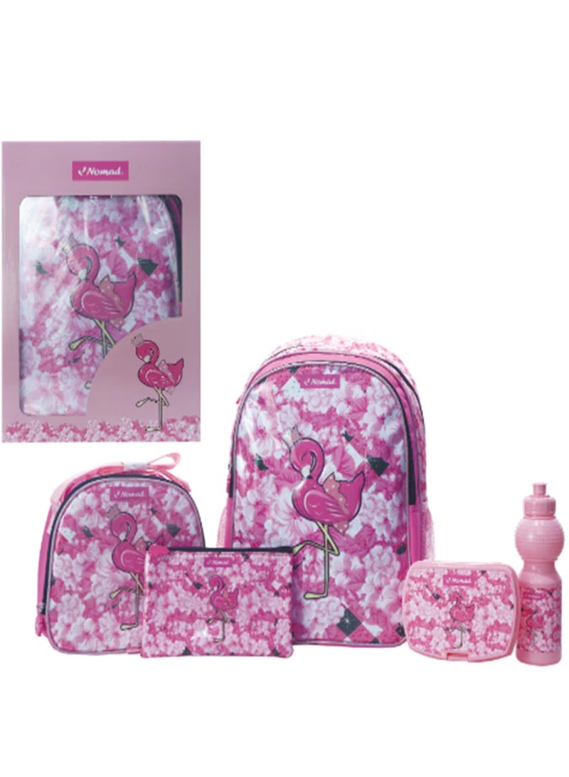نوماد مجموعة حقيبة ظهر أساسية ٥ في ١ مطبوعة بنقشة فلامنغو، مقاس ١٦ بوصة