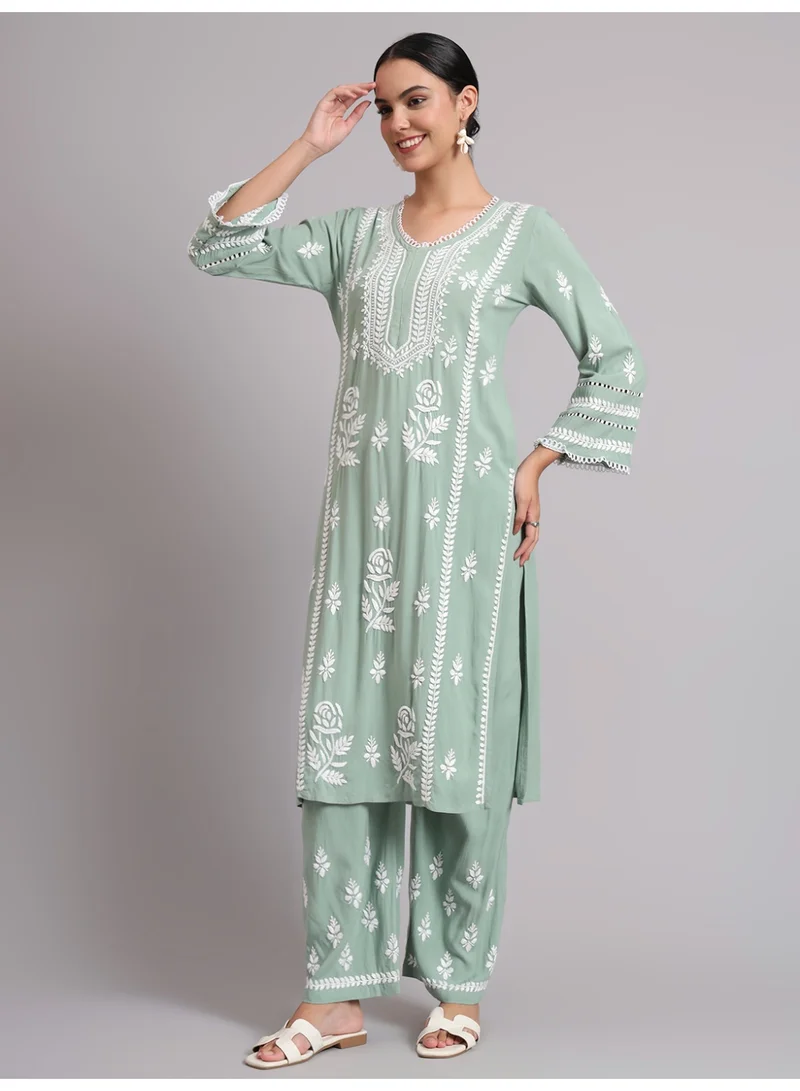 Alaya Women Hand Embroidered Lucknowi Chikankari Rayon Kurta Set-AL4078KS
