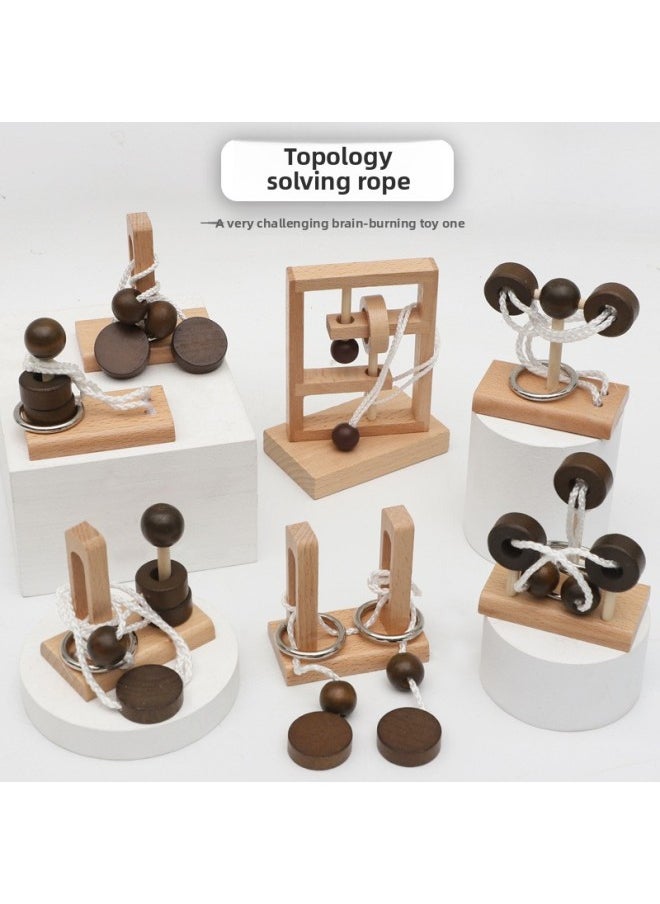 Wooden Topology Unleash Rope Toy Column Unleash Rope Series Unleash Unlock Toy Fun Kongming Lock Luban Lock-Color:Choose Any 6 Pieces (remark Order)  - Image 1