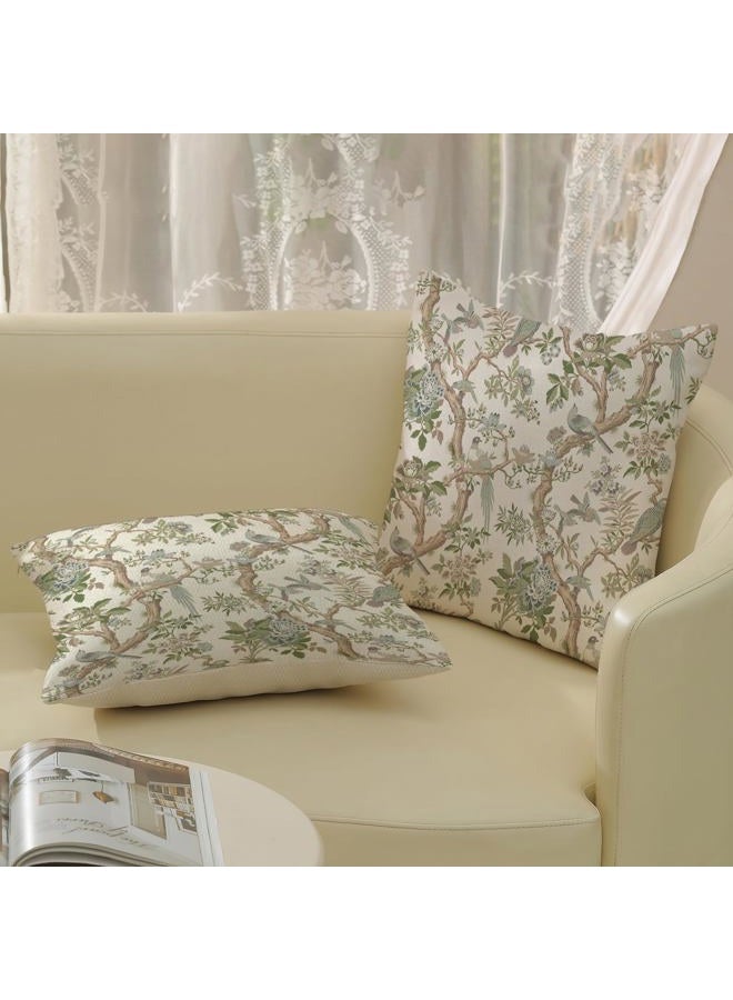 GOLIANDA Green Floral Bird Pillow Covers 20x20 Set of 2 Chinoiserie Throw Pillows Green Vintage Flowers Bird Decorative Pillow Cases Outdoor Chinoiserie Decor Farmhouse Cushion Case for Couch Sofa - Image 4