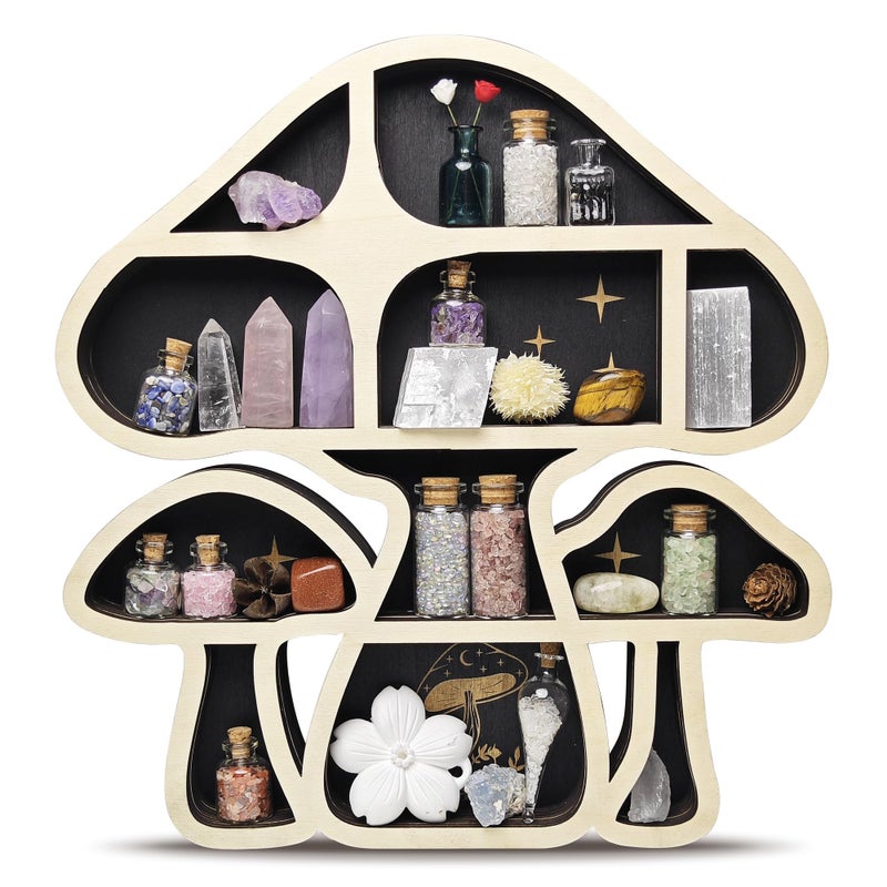 FNYDOX Wooden Mushroom Floating Shelves Crystal Display Shelf for Wall Cute Mushroom Wall Decor Rock Gem Stone Storage Organizer Essential Oil Holder Hanging Case Meditation Art Spiritual Gift