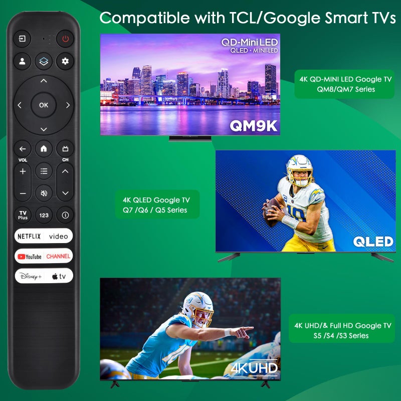 VIVCASE Replacement for TCL Google TV Remote Control,RC813 Compatible with TCL QM8/QM7/Q7/Q6/Q5/S5/S4/S3 4K UHD HDR LED QLED QD-Mini LED Full-HD Smart TVs - Image 2