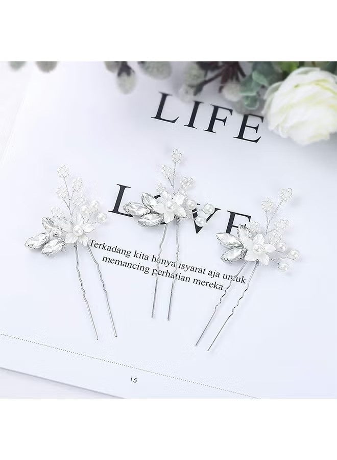 Crystal Bride Wedding Hair Pins Silver Flower Bridal Head Piece Pearl Hair Accessories for Women and Girls (Pack of 3) - Image 2