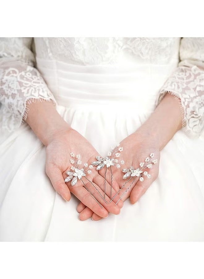 Crystal Bride Wedding Hair Pins Silver Flower Bridal Head Piece Pearl Hair Accessories for Women and Girls (Pack of 3) - Image 3