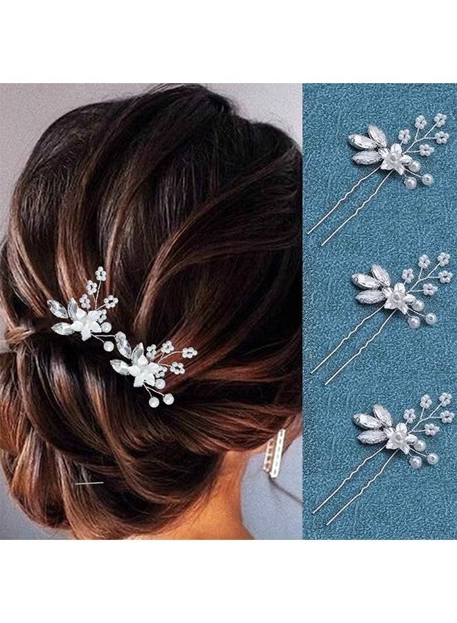 Crystal Bride Wedding Hair Pins Silver Flower Bridal Head Piece Pearl Hair Accessories for Women and Girls (Pack of 3) - Image 1