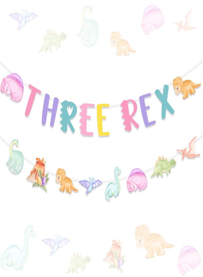 Fangleland Dinosaur 3rd Birthday Banner Garland Decorations for 3 Year Old Girl, Three Rex Dinosaur Theme Birthday Banner Pastel Macaroon Bday Party Supplies Decors - Image 1