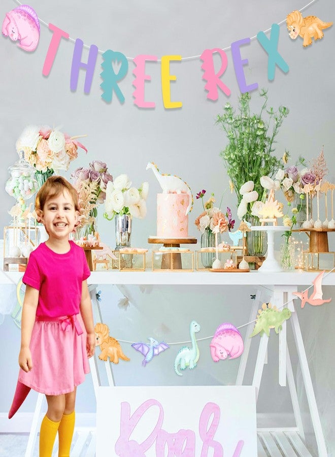 Fangleland Dinosaur 3rd Birthday Banner Garland Decorations for 3 Year Old Girl, Three Rex Dinosaur Theme Birthday Banner Pastel Macaroon Bday Party Supplies Decors - Image 4
