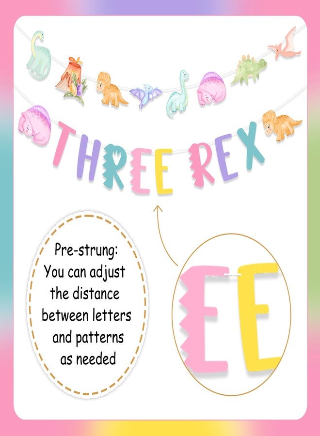 Fangleland Dinosaur 3rd Birthday Banner Garland Decorations for 3 Year Old Girl, Three Rex Dinosaur Theme Birthday Banner Pastel Macaroon Bday Party Supplies Decors - Image 5