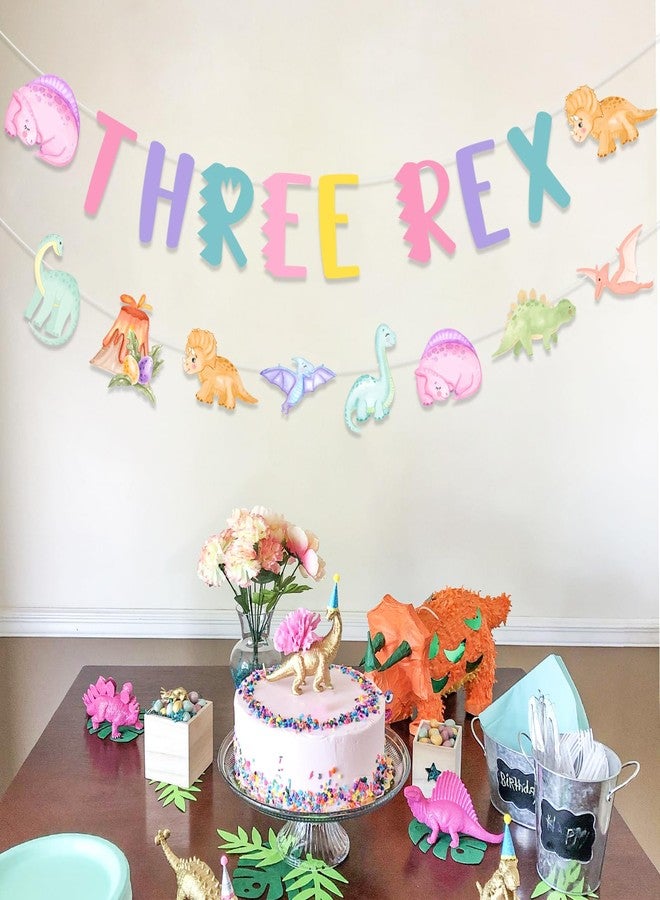 Fangleland Dinosaur 3rd Birthday Banner Garland Decorations for 3 Year Old Girl, Three Rex Dinosaur Theme Birthday Banner Pastel Macaroon Bday Party Supplies Decors - Image 2