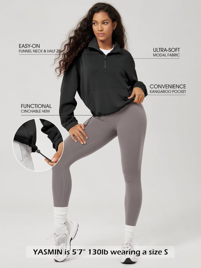 ODODOS Women's Modal Soft Cinchable Sweatshirts Half Zipper Funnel Neck Oversize Pullover with Pockets, Black, Small - Image 4