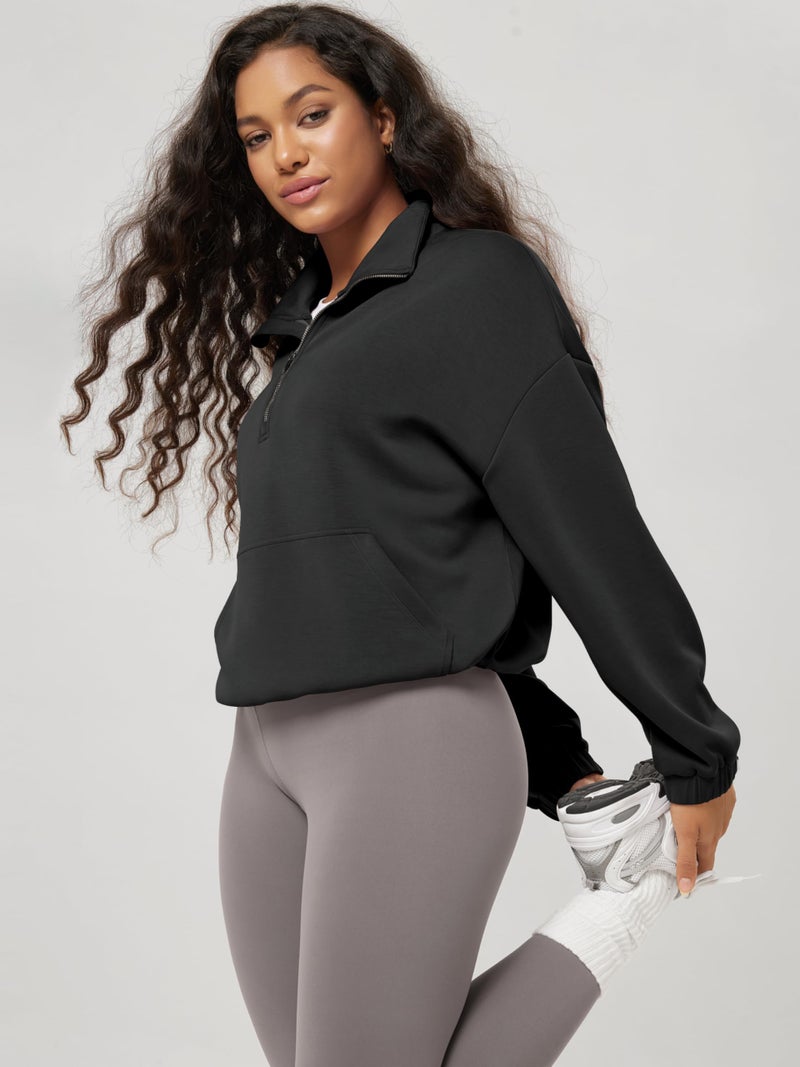 ODODOS Women's Modal Soft Cinchable Sweatshirts Half Zipper Funnel Neck Oversize Pullover with Pockets, Black, Small - Image 2